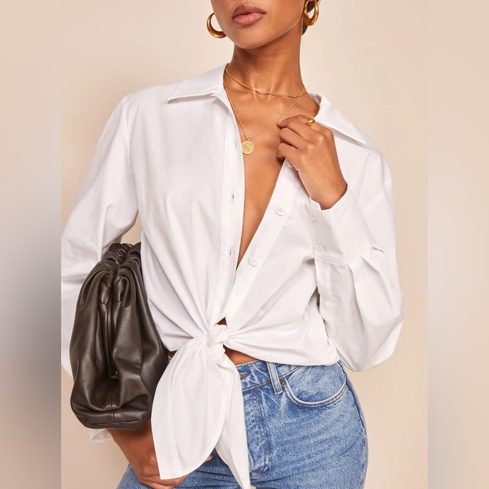 Reformation Hansen Top white button up shirt with tie front size xs